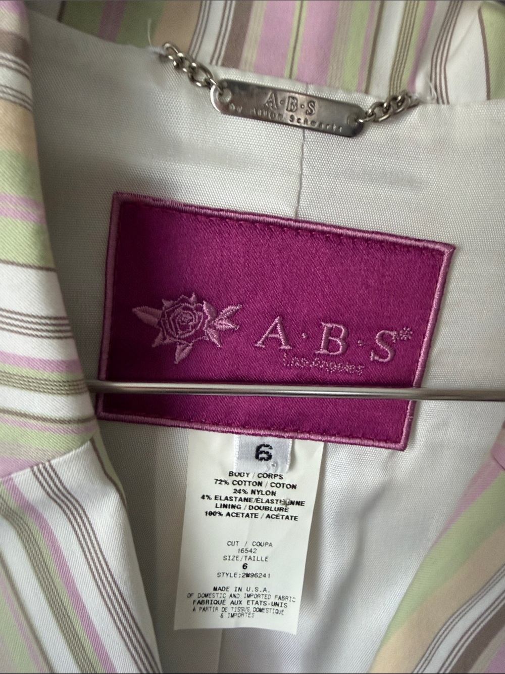 ABS Allen Schwartz Pastel Striped Cotton Blazer in Pink, Green & White size 6 - Picture 4 of 8